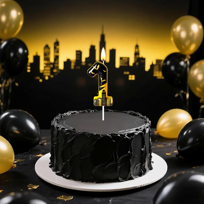 Black Yellow Number 1 Birthday Candle for Cake – Dark Night Hero Style with Bat & City Silhouette Design – Unique Cake Topper for Birthday, Anniversary, Themed Party Decoration