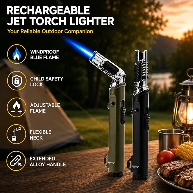 Flexible Neck Torch Lighter, Windproof Jet Flame, Refillable with Safety Lock & Adjustable Flame, 1300°C High Temp Extended Handle Lighter for Candle BBQ Kitchen Camping (Without Butane)-Black