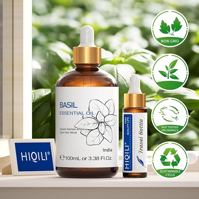 HIQILI Basil Essential Oil, Diffuser in Bedroom, Yoga, Mediation for Calming Relaxation Mood, Hair Growth, Body Massage, DIY Sweet Herbal Scented Soap Gifts- 100ML