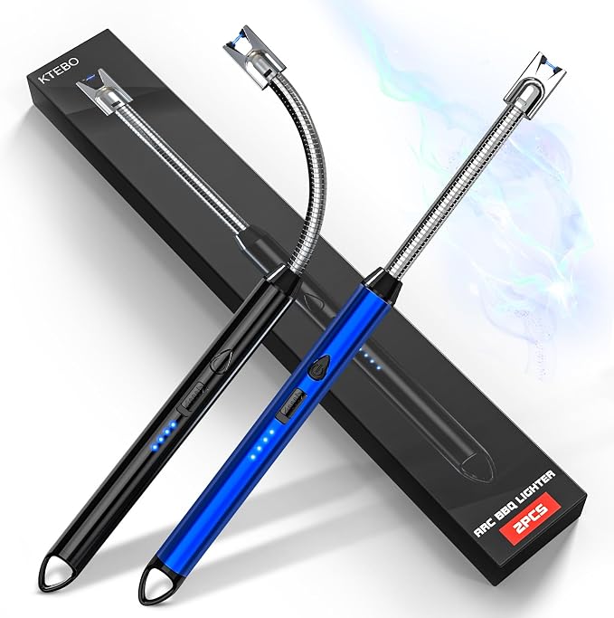 KTEBO 2 Pack Electric Candle Lighter, Windproof Plasma Arc Rechargeable | USB-C Flameless Plasma Lighter, 360-Degree Flexible Long Gooseneck, LED Battery and Safety Lock for Candles, Grill, Camping