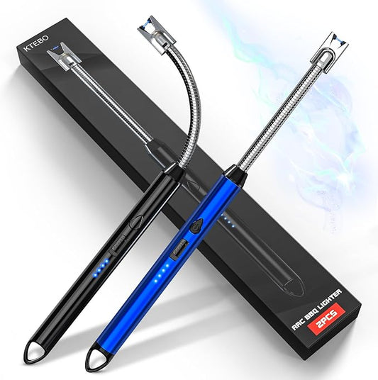 KTEBO 2 Pack Electric Candle Lighter, Windproof Plasma Arc Rechargeable | USB-C Flameless Plasma Lighter, 360-Degree Flexible Long Gooseneck, LED Battery and Safety Lock for Candles, Grill, Camping