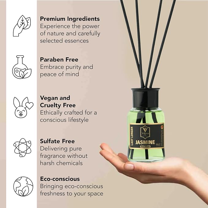 Reed Diffuser Set with Sticks for Home – Bathroom, Bedroom & Office Aromatherapy – Long Lasting Scented Oil Diffuser with Sticks – Luxury Room Fragrance Diffuser 55ml,1.7 fl oz (Jasmine)