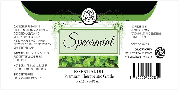 Oil of Youth Spearmint Essential Oil 16oz – Pure Spearmint Essential Oil for Skin Therapy, Enhance Mood, Aromatherapy Diffuser