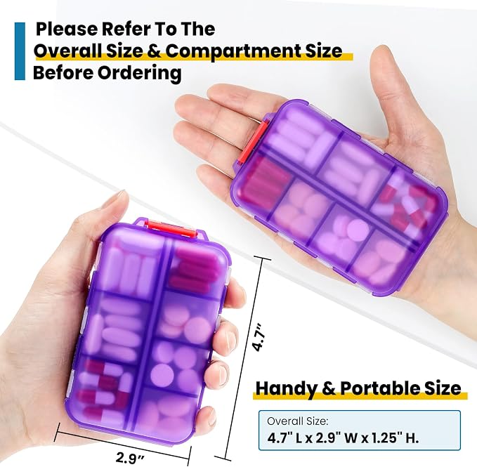 14 GRIDS Travel Pill Organizer Box with Labels - Travel Medicine Case Kit - Pocket Daily Pharmacy Container - Travel Medication Holder Dispenser for Fish Oil Vitamin Supplement Storage - Clear Purple