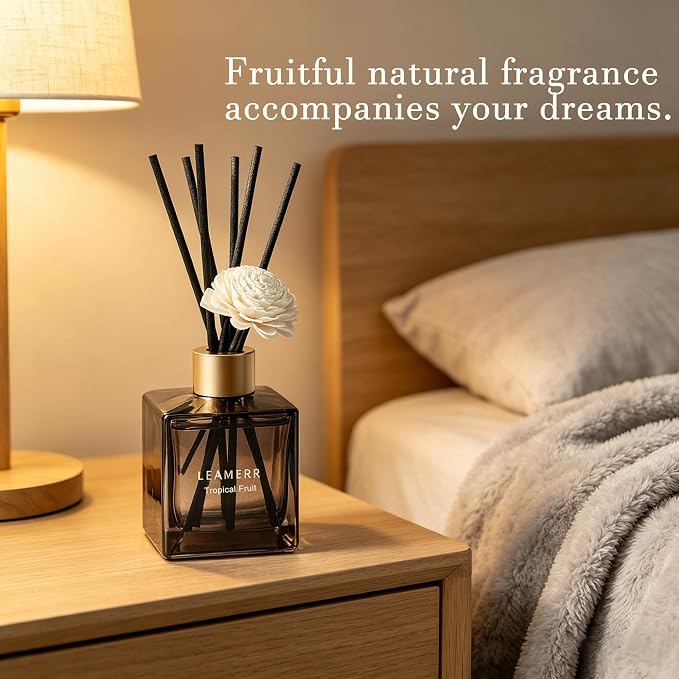 Reed Diffuser Set, 6.1 oz (180 ml) Tropical Fruit Scented Diffuser with Sticks Long-Lasting Home Fragrance Reed Diffuser for Home Room Office Bathroom Shelf Decor