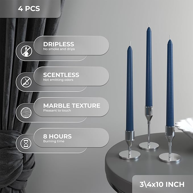 CANDWAX 10 Inch Taper Candles Set of 4 - Dripless and Unscented Candlesticks - Perfect for Dinner and Christmas - Dark Blue