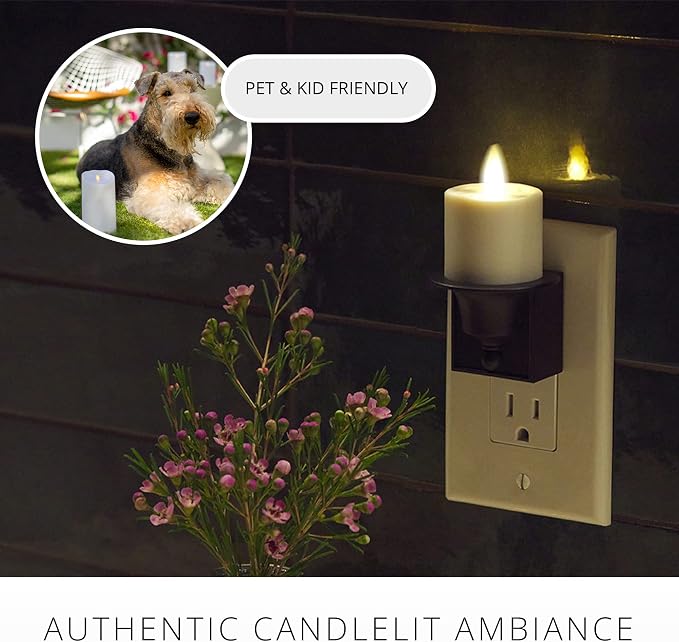Luminara Flameless Candle Nightlight w/Dusk to Dawn Light Dark Auto Sensor, Black Wall Plug Indoor Night LED Light w/Real-Flame Effect Technology, Bathroom Bedroom Hallway, No Remote Needed