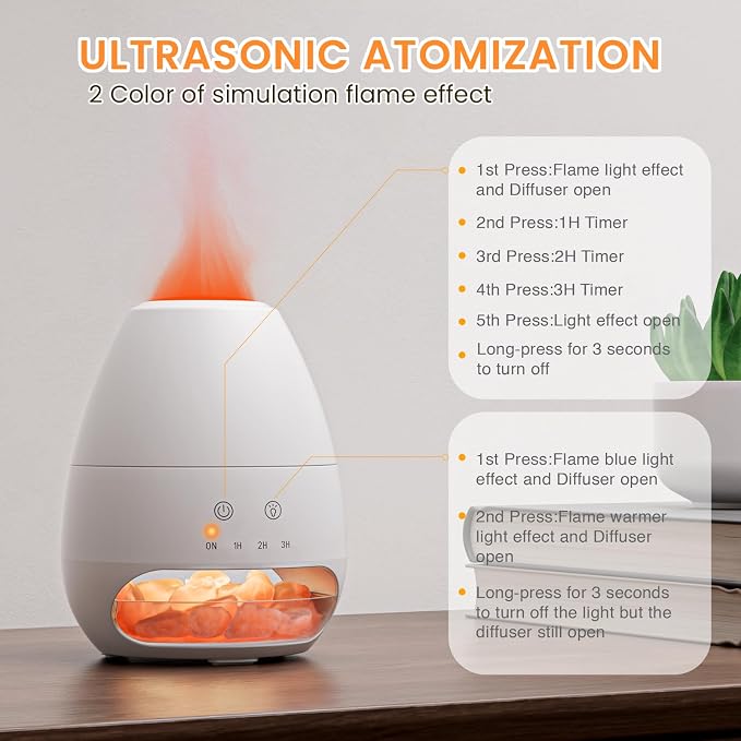 Ultrasonic Essential Oil Diffuser with Himalayan Salt Rock,Flame Diffuser with 2 Color Light,Aromatherapy Oil Diffuser with Auto Off Function for Home, Office,Spa,100ML