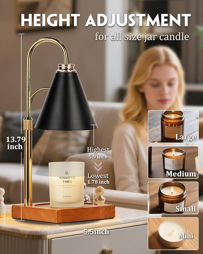 Candle Warmer Lamp with Timer Dimmable,Mothers Day Birthday Gifts for Women Mom, Adjustable Height Candle Warmer, Black Candle Lamp Warmer for Jar Candles with 2 Bulbs Home Decor