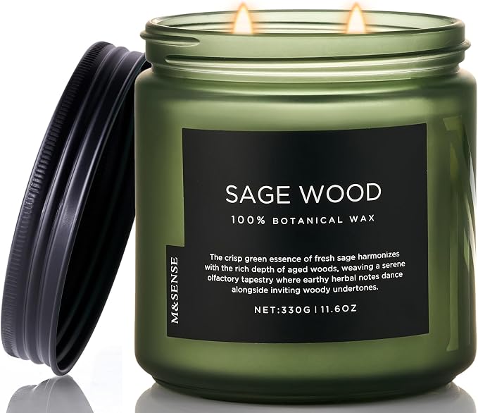 M&SENSE Sage Wood Scented Candle, 11.6oz 70 Hours All Natural Soy Wax Clean Non Toxic Slow Burning Candle for Relaxing & Stress Relief, 2 Wick Fragrance Gifts for Relaxation Home Cleasing