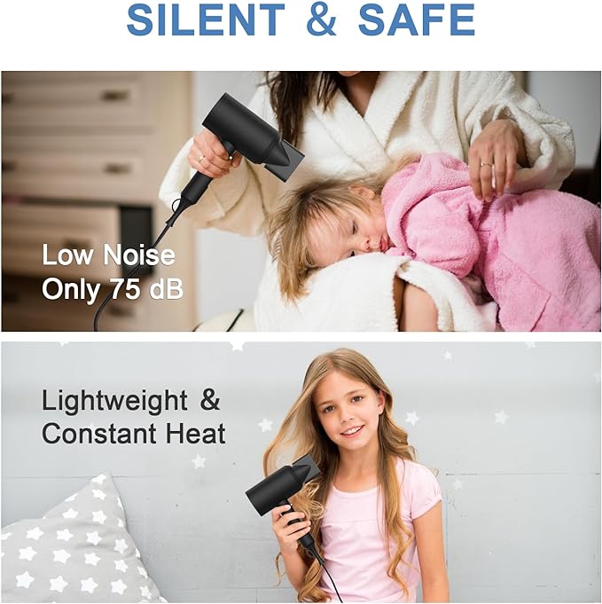 slopehill Professional Ionic Hair Dryer, Powerful 1800W Fast Drying Low Noise Blow Dryer with 2 Concentrator Nozzle 1 Diffuser Attachments for Home Salon Travel (Black)