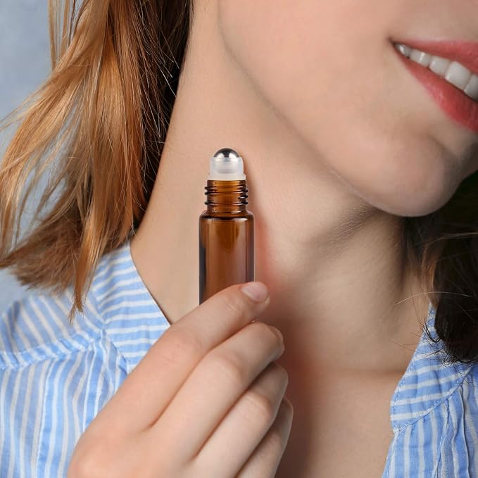 Hoa Kinh Roller Bottles for Essential Oils 10ml 48Pack Empty Amber Glass Perfume Roller Bottles with Stainless Steel Balls Refillable Roller Ball Applicator for Hair, Essential Oil