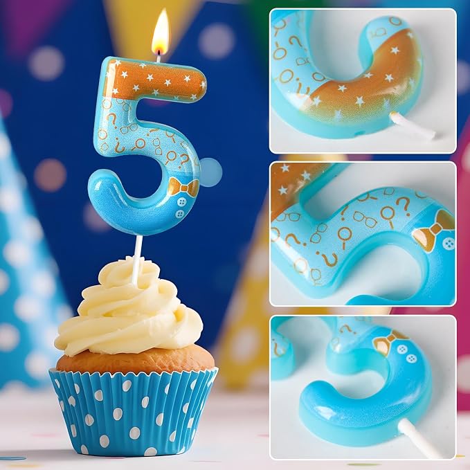 Number 5 Birthday Candle for Cake – Blue Cartoon Outfit Style with Bow Tie, Question Mark & Star Pattern – Fun Cake Topper Decoration for Celebration