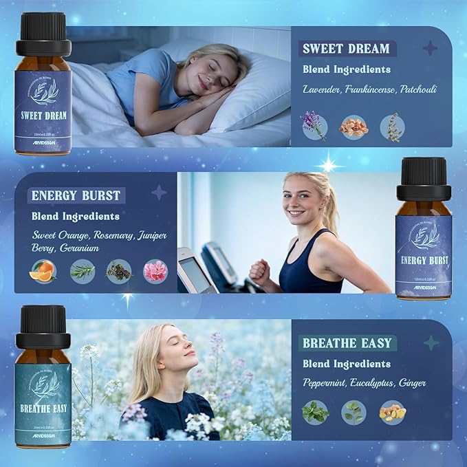ARVIDSSON Essential Oil Blends Set, Well-Being Blend Gift Set - Sweet Dreams, Happy, Serenity, Breathe, Energy, Air Freshening, Natural Essential Oils for Diffusers, Candle Making