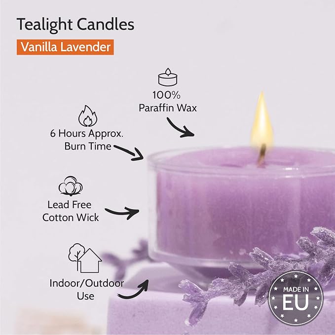 HYOOLA Scented Tealight Candles - Clear Cup - Vanilla Lavender Tealight Candles Scented - 6 Hour Burn Time - 15 Pack - European Made