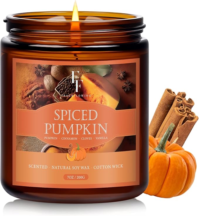 Fall Candle, Spiced Pumpkin Scented Candles for Home, Natural Soy Autumn Candle Aromatherapy Candle, 7 oz Jar Candles Fall Gifts for Women Men