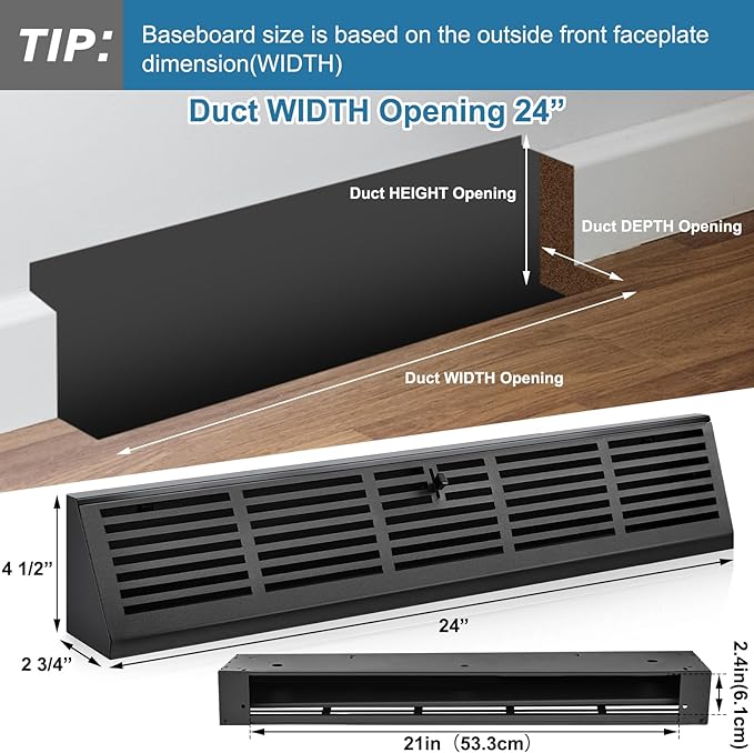Yaocom 2 Pcs 24 Inch Baseboard Register Duct Opening Size Vent Covers for Home Floor Diffuser Wall Corner Baseboard Air Covers Floor Diffuser Including Screws Easy Installation(Black,Stripes)