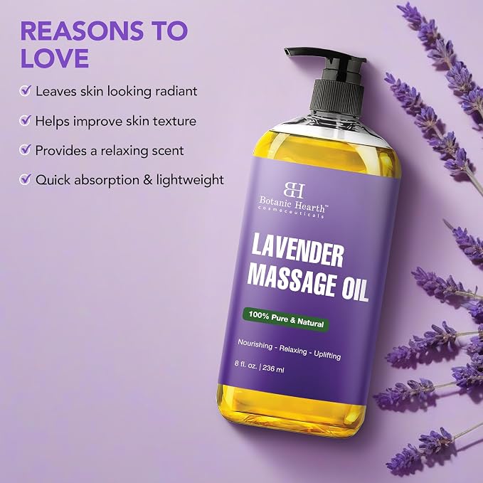 Botanic Hearth Massage Oil |Refreshing, Relaxing Massage Oils for Muscle Relaxing & Joint Comfort | Made with Natural Oils | for All Skin Types, for Men & Women | Lavender Oil 8 Fl Oz
