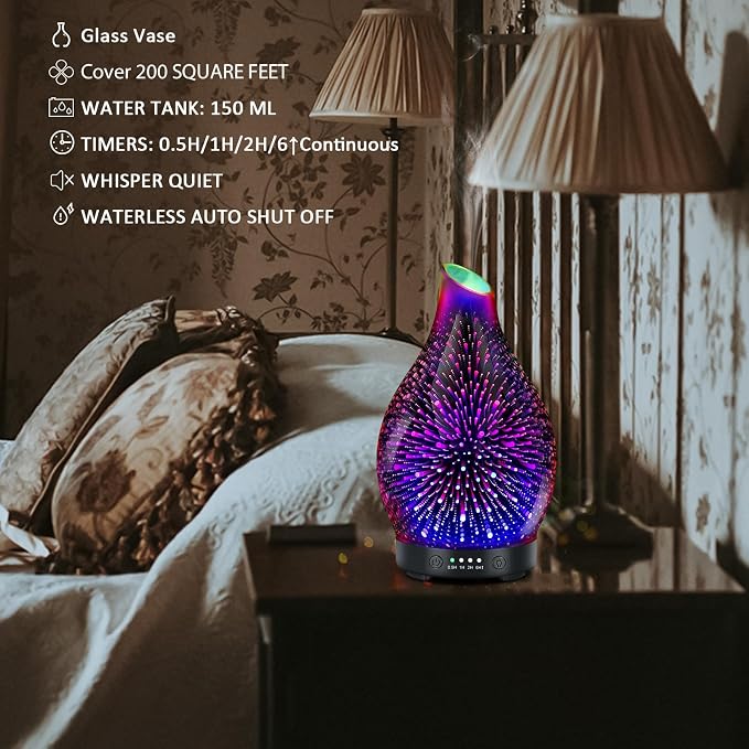 Essential Oil Diffuser 150ML -3D Firework Glass Aromatherapy Diffusers for Essential Oils with 4 Timer Setting Auto Shut-Off Silent Operation 7 Colors Lights Changing, Mothers Day for Room, Office