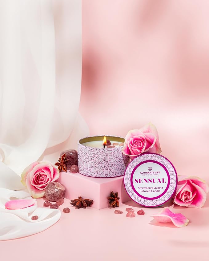 Luxury Candle Tin, 6 OZ, Sensual - Strawberry Quartz Crystal Infused - Scents of Star Anise, Rose, Sichuan Pepper & White Musk - Coconut Wax, Essential Oils, Dr. Developed