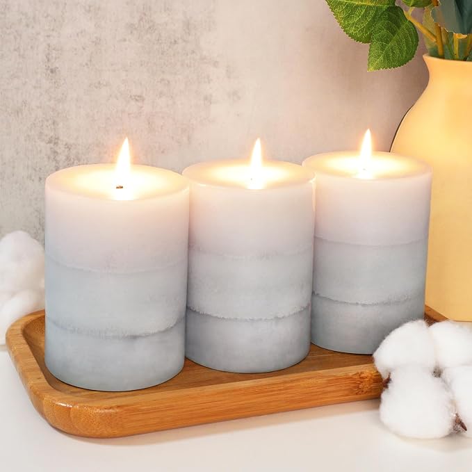 Gray Pillar Candles Cozy Cotton Scented Set of 3 Mottled 3 Layers Hand-Poured Classic Emergency Candle Aromatherapy Candles for Weddings, Home Decorations, Spa, Restaurant 3"X4"