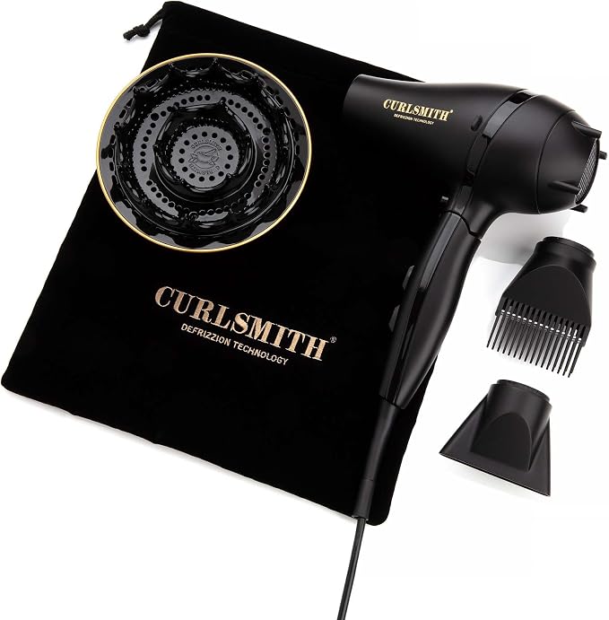 Curlsmith Defrizzion Travel Hair Dryer with Large Diffuser - for Curly Hair, Reduce Frizz, 3 Speeds, 3 Heat Settings, Infared, Ceramic Heat for Fast Drying