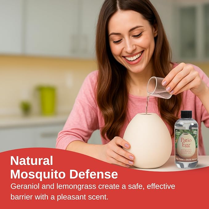 Skeeter Screen 90602 Patio Egg Refill Oil – 8 Fl Oz Bottle – Essential Oil Blend with Geraniol & Lemongrass – for Use with Patio Egg Diffuser – DEET-Free, Long-Lasting, Natural Scent