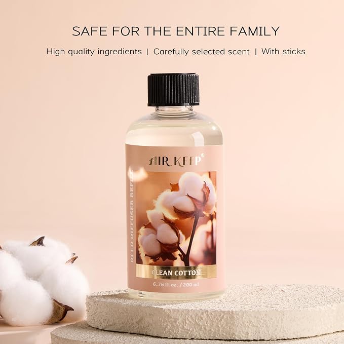 Airkeep Reed Diffuser Oil Refill with Diffuser Sticks, 6.76 Fl Oz(200ml) Clean Cotton Scented Oils, Aroma Therapy, Home Fragrance & Air Freshener, Office Décor, Decoration