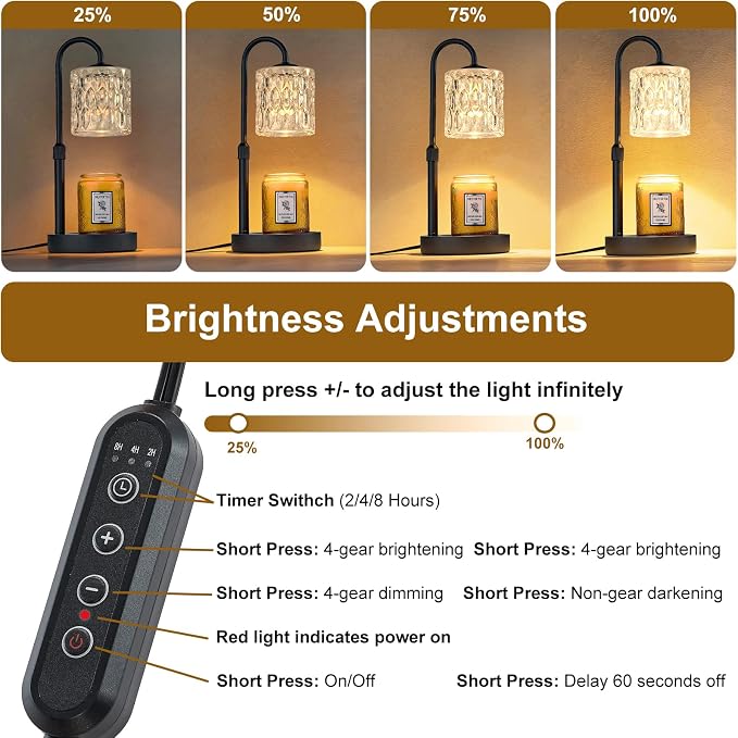 Briever Dimmable Candle Warmer Lamp with Timer, Height Adjustable Electric Candle Wax Warmer, Christmas Birthday Gifts for Women Mom, House Warming Gifts New Home Decor, Black Base with Glass Shade