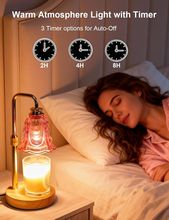 Candle Warmer Lamp, Pink Flower Glass Candle Lamp with Timer, Birthday Gifts for Mom Women, Dimmable Height Adjustable Home Gifts, Home Decor for Home Bedroom Office Fragrance
