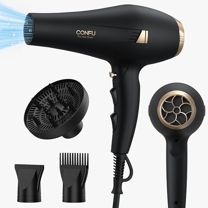 CONFU Hair Dryer Professional Ionic - Salon Blow Dryer with Diffuser for Women & Men - 5X Fast Drying 1875 Watt Powerful Hair Blow Dryer with Comb for Fast & Easy Styling