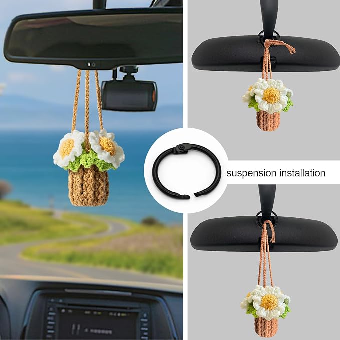 Crochet Car Air Freshener, Empty Refillable Oil Diffuser Bottle with Hanging Crochet Plant for Car Rearview Mirror Decor, Handmade Home and Office Decor (Daisy)