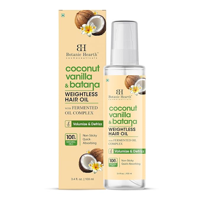 Botanic Hearth Coconut Vanilla & Batana Weightless Hair Oil, 3.4 fl oz |With Batana Oil, Coconut Oil & Vanilla | Lightweight Non-Greasy Formula | Smooth, Silky Hair & Shine | For Thin, Fine & Dry Hair