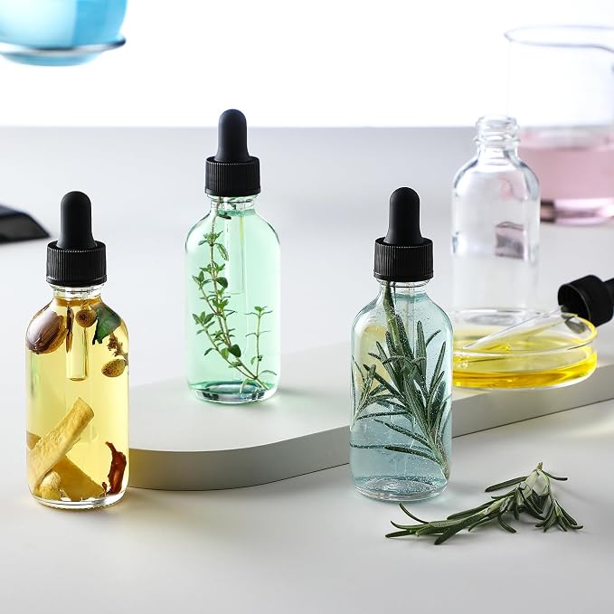 4 Pcs, 2 oz Clear Eye Dropper Bottles with 1 Stainless Steel Funnels & 4 Labels - Black Caps 60ml Thick Glass Tincture Bottles - Leakproof Essential Oils Bottles for Health, Personal Care & Beauty