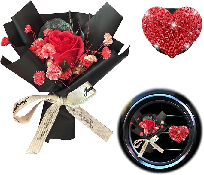 Mini Dried Flowers + Heart Car Vent Clips-Decorative Air Outlet Bouquets with Floral Scent,Fragrance Diffusers for Vehicle Interior Decor,Automotive Air Freshener Decorations (Red, Random fragrance)