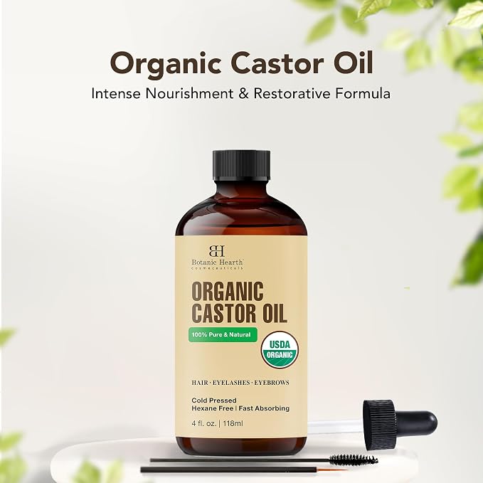 Botanic Hearth Castor Oil & Hair Treatment Oils 4 Fl oz| 100% Pure & Natural, Cold Pressed |For Hair, Eyelashes & Eyebrows | Hexane Free, Fast Absorbing | With Applicators & Dropper | All Hair Types