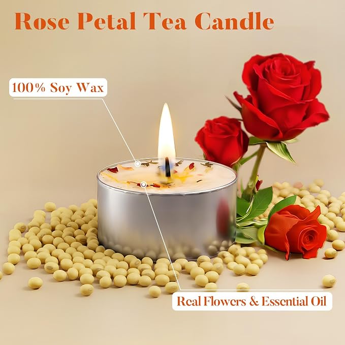 Crenovo Scented Tea Lights Candles with Dried Rose Flowers, Soy Tealight Candles, 6-7 Hours Burning Candles for Weddings, 8 Pcs Small Tea Light for Home, Spa