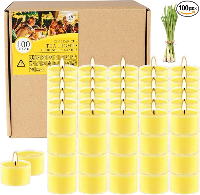 100 Pack Clear Tea Lights Candles Bulk, Summer Citronella Candle Outdoor and Indoor, for Birthday Emergency Home Garden(8 Hour, Yellow)