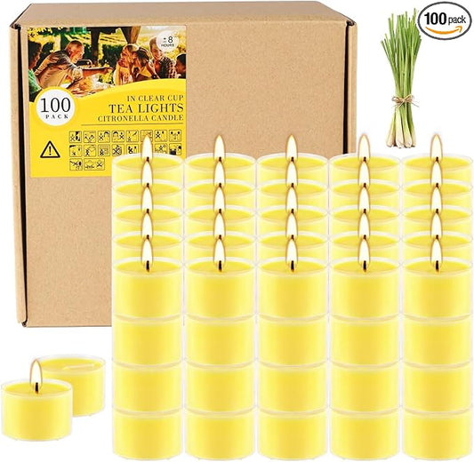 100 Pack Clear Tea Lights Candles Bulk, Summer Citronella Candle Outdoor and Indoor, for Birthday Emergency Home Garden(8 Hour, Yellow)