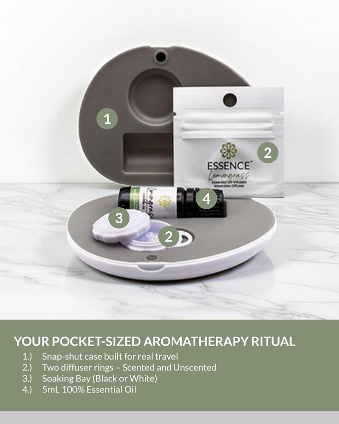 Essence Pearl Travel Case | Lemongrass Essential Oil | Aromatherapy Nasal Diffuser & Essential Oil Carrying Case | Refreshing Lemongrass Scent | Travel-Friendly Kit | White Pod