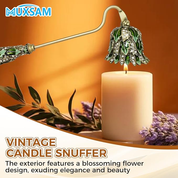 MUXSAM Vintage Candle Snuffer, Candle Extinguisher with Long Handle, Metal Wick Flame Snuffer for Putting Out Candle Flame Safely, Floral Candle Snuffers Accessory for Candle Lovers, Green