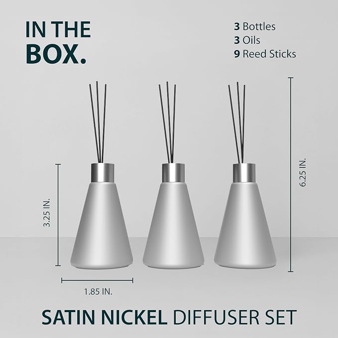 Mega Handles Reed Diffuser Sets (50ml) - 3 Pack White Flower Scent Bathroom Diffuser, Elegant Reed Diffuser for Shelf Decor, Decorative Air Freshener for Large Rooms - Satin Nickel