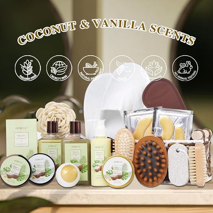 20Pcs Coconut Vanilla Spa Gift Basket for Women & Men, Face Skin Care Set, Bath & Body Set, Self Care Pamper Kit, Comb, Bath Bomb, Birthday, Christmas, Valentines, Mother Day, Anniversary