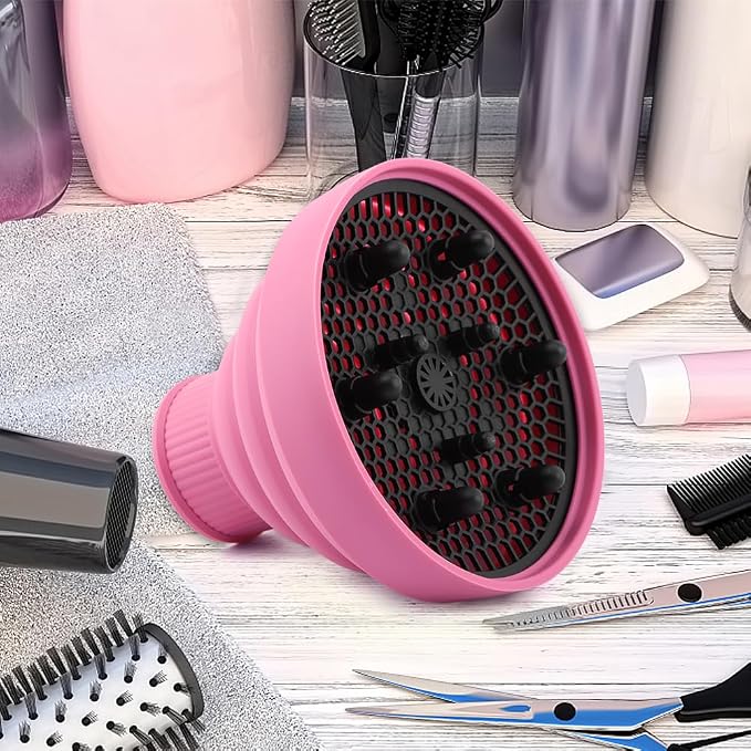 Universal Collapsible Hair Dryer Diffuser, Travel Hair Dryer Diffuser Attachment with Comb, Portable Hairs Diffusers Blow Dryers Attachment for Natural Thick Hairs(Pink)