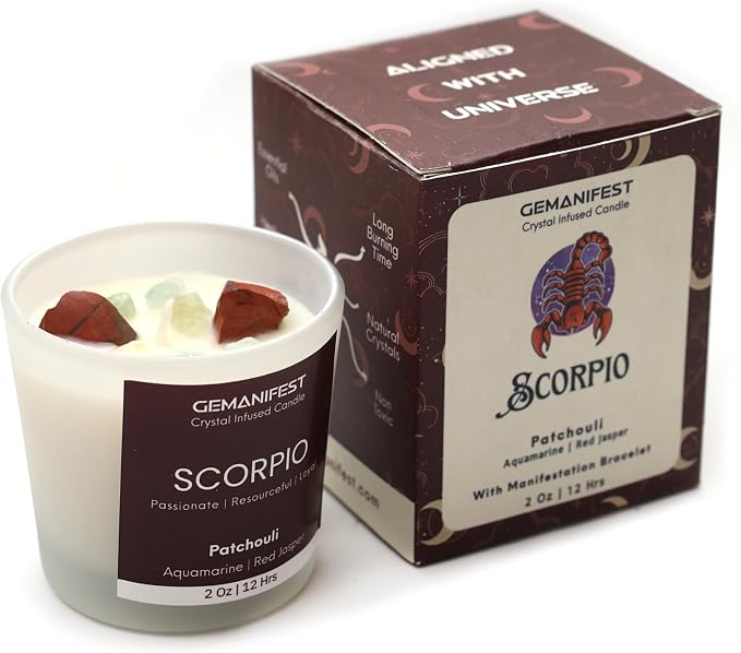 Scorpio Zodiac Candle Scorpio Birthday Gifts for Men Women Patchouli Crystal Candle with Healing Crystals and Manifestation Bracelet Soy Candles for Home Scented