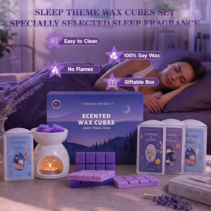 SCENTORINI Wax Melts, Soy Wax Cubes Strong Scent, Lavender Essential Oil Scented for Sleep, Summer Scents Wax Melts for Warmer Gift Set, 10 oz 4-Pack - Lavender & Amber, Juniper, Geranium, Vanilla