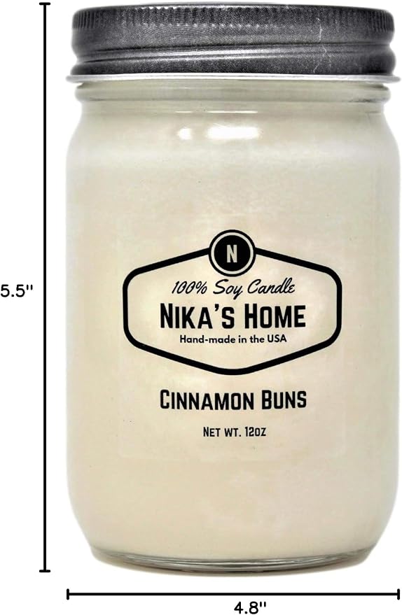 Nika's Home Cinnamon Buns Soy Candle - 12oz Mason Jar - Non-Toxic - Hand Poured in The USA, Long Burning 50-60 Hours Highly Scented All Natural, Clean Burning
