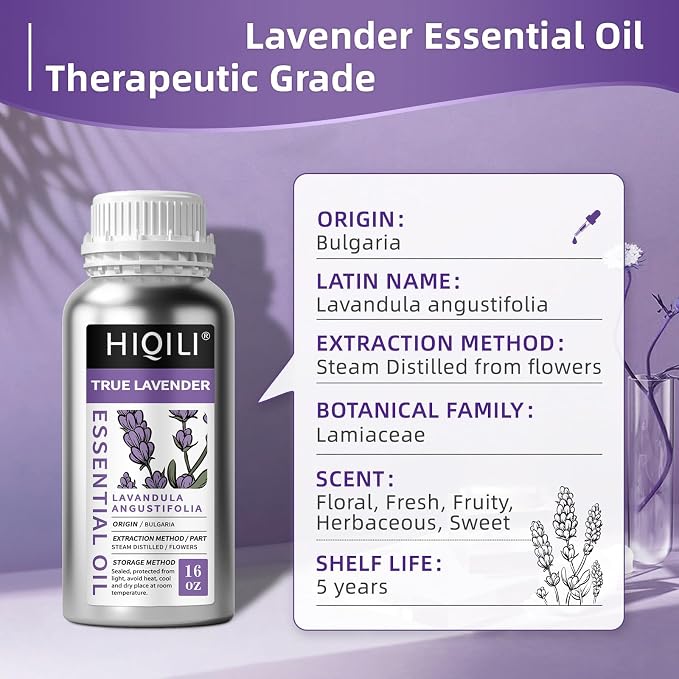 HIQILI 16 fl oz Lavender Essential Oil Large Capacity, for Aromatherapy, DIY Candle & Soap Making, Skin Moisturizing. Suitable for Hotels, DIY Studios, Spas and Hair Salons