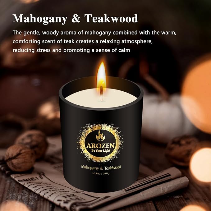 Mahogany Teakwood Candle for Men – 70-Hour Crackling Wick, Woody Masculine Scent – 10.8oz Large Soy Wax Candle, Black Jar Aromatherapy Gift for Him, Father's Day, Birthday, Valentine's Day