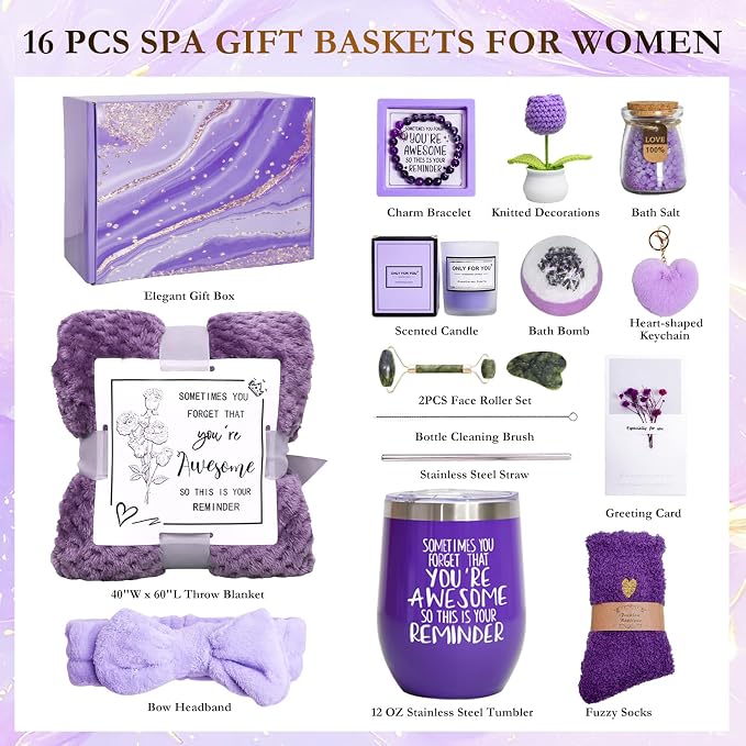 Self Care Gifts Baskets Women, 16PCS Get Well Soon Gift Box Relaxing Spa Set Care Package for Birthday, Valentines Day, Mothers Day, Christmas Gifts for Mom Girlfriend Sister Wife Grandma (Purple)